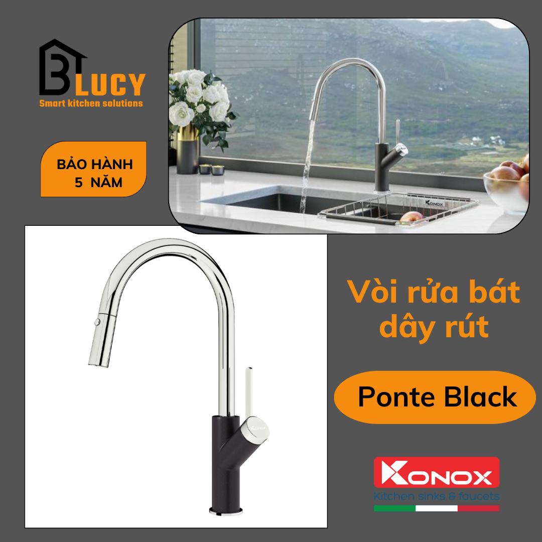 Vòi rửa bát dây rút Konox Ponte Black